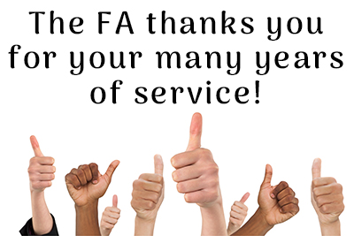The FA thanks you for your many years of service, shown with hands giving thumbs up