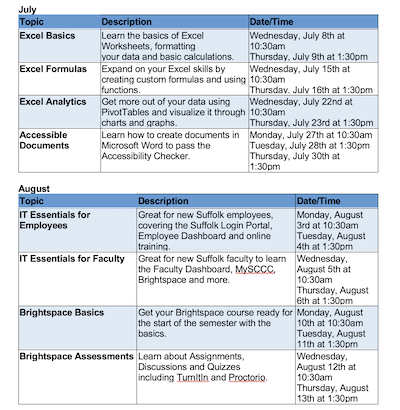 ITS training schedule for July and August 2026
