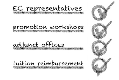 Checklist of items in this article: EC reps, promotion workshops, adjunct offices, tuition reimbursement