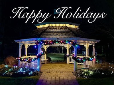 Community gazebo decorated with holiday lights