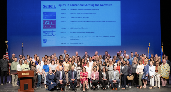 SCCC colleagues and guest speakers pose on Shea Theater stage during Equity in Education symposium