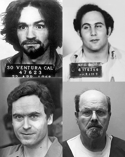 Serial killers from the 70s-80s: Charles Manson, Son of Sam, Ted Bundy, Dennis Rader