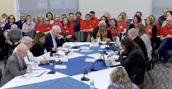 FA members in red FA shirts in attendance at March 19 SCCC Board of Trustees meeting