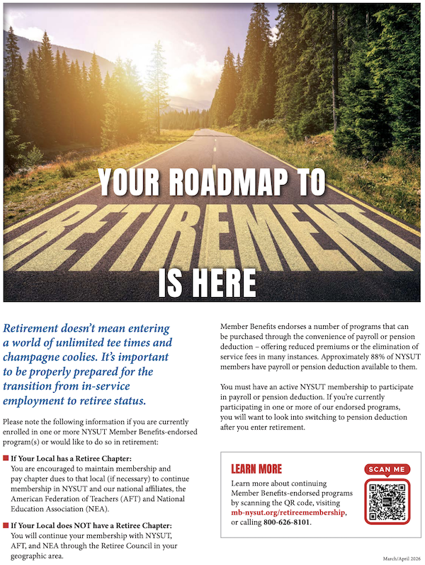 NYSUT Member Benefits ad for retirement (same text as in article), showing highway into sunset