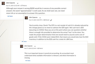 screenshot of Capurso's encouraging comments to students' discussion posts