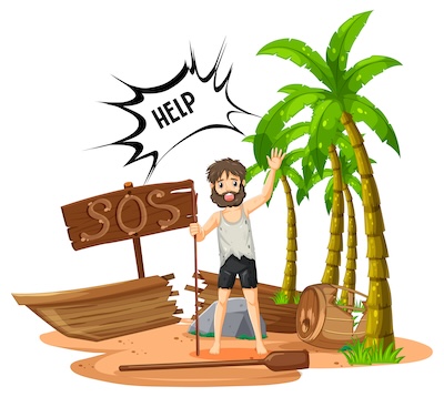 Cartoon depicting a man on an island with an SOS sign crying out 